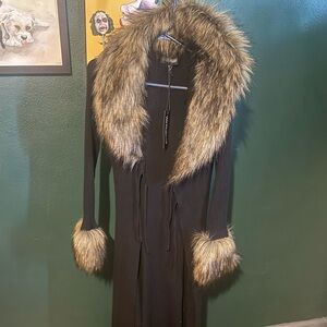 Dolls Kill/Current Mood Black Long Line Cardigan/Duster with Faux Fur Trim
